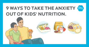 父子俩坐在一起，身边放着三份不同的便当。上面的文字写着9种方法来消除孩子营养的焦虑。