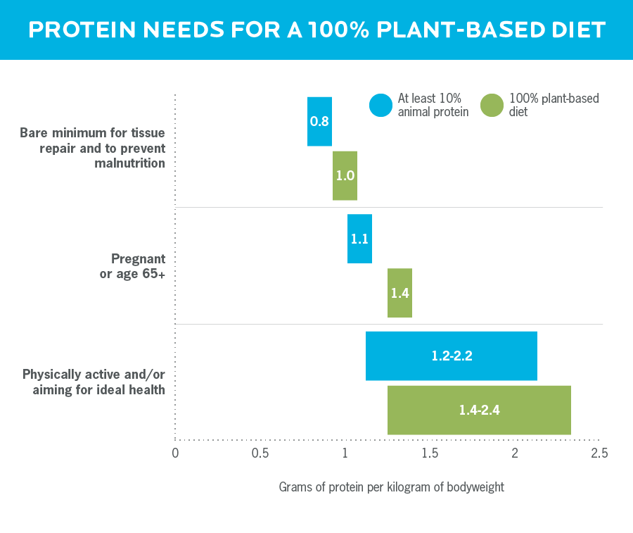 条形图显示，完全以植物为基础的饮食的人比吃动物蛋白的人需要更多的蛋白质。