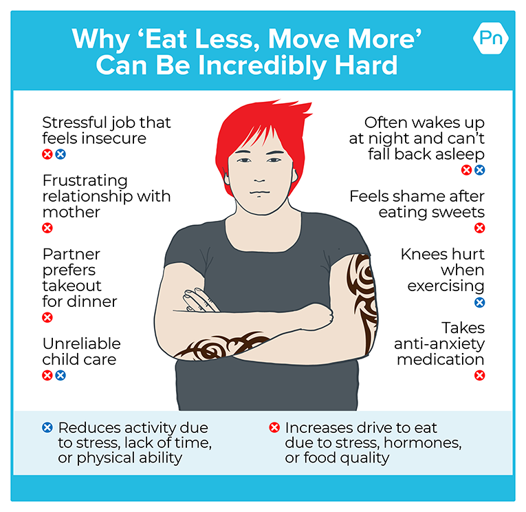 这张信息图显示了有多少相互关联的因素会因为压力、缺乏时间或身体能力而减少活动，因为压力、荷尔蒙或食物质量而增加进食的欲望。