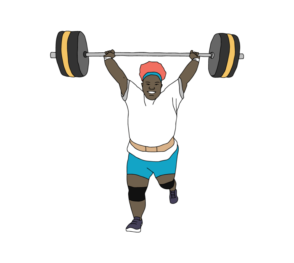 一名黑人女性举重运动员将杠铃举过头顶。