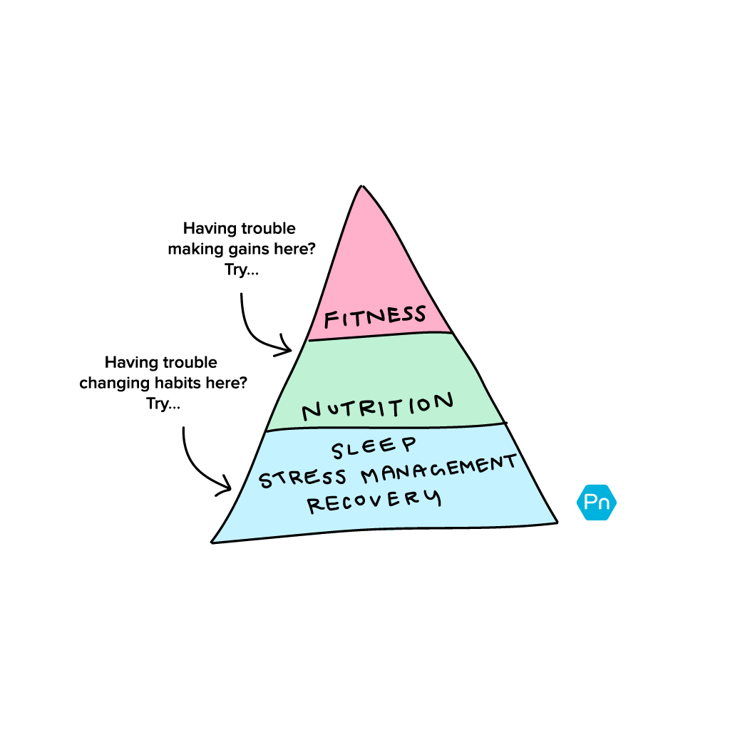金字塔显示了如何健身休息最重要的营养,这取决于压力管理,睡觉,和恢复。